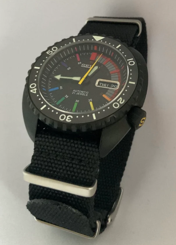 SKX Black Turtle with colourful dial and Chapter Ring, Yellow accent Signed Crown and Sweep hand. Lumed flat ceramic bezel insert