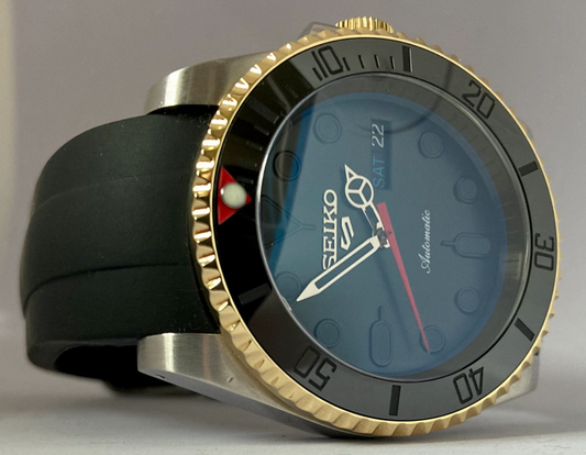 Black and Gold Diver - 3 o’clock crown with Red Highlights on a Black Curved end silicone rubber strap