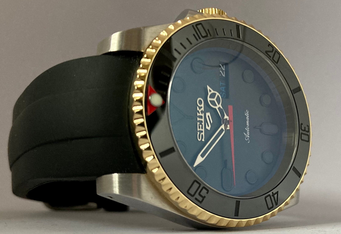 Black and Gold Diver - 3 o’clock crown with Red Highlights on a Black Curved end silicone rubber strap