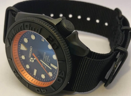 Black with Orange Accents Diver with 4 o’clock Crown on NATO strap