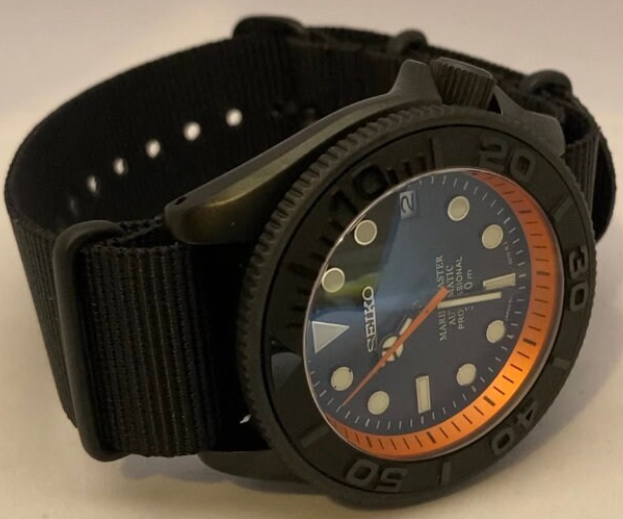 Black with Orange Accents Diver with 4 o’clock Crown on NATO strap