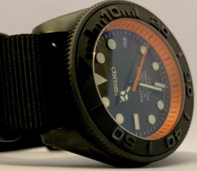 Black with Orange Accents Diver with 4 o’clock Crown on NATO strap