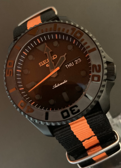 Black and Orange Stealth Hands Diver with 3 o’clock crown and Black/Orange NATO Strap