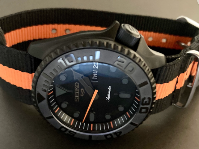 Black and Orange Stealth Hands Diver with 3 o’clock crown and Black/Orange NATO Strap