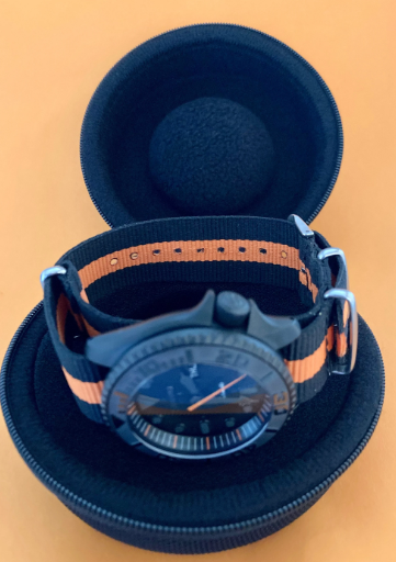 Black and Orange Stealth Hands Diver with 3 o’clock crown and Black/Orange NATO Strap